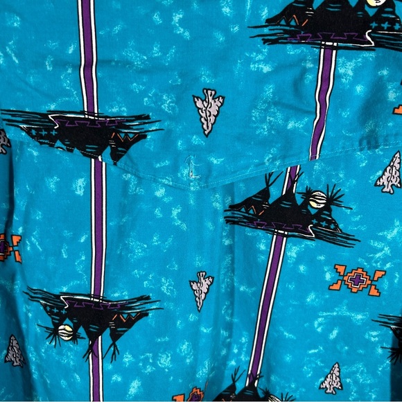 VTG Wrangler Blue Cowboy Cut Regular Fit Aztec Print Western X Long Tails 17 1/2 - Picture 5 of 8